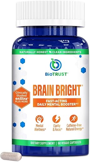 Brain Bright – Impulsionador Diário de Nootrópicos para Foco, Concentração, Clareza Mental – Suplemento de Suporte Cerebral Livre de Cafeína – Gengibre Tailandês, Ginkgo, Folate, 60 cápsulas de 500mg - BioTrust