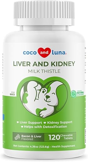 Coco and Luna - Milk Thistle for Dogs – 120 Comprimidos Mastigáveis – Silymarin – Suporte para Fígado e Rins em Cães com EPA – Marca em Destaque