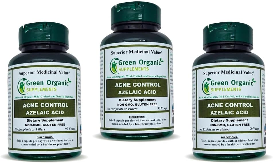 Green Organic Supplements - Acne, Ácido Azelaico, 90 Cápsulas, Alta Absorção, Sem Transgênicos, Sem Glúten, (Pacote com 3)