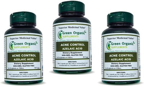 Green Organic Supplements - Acne, Ácido Azelaico, 90 Cápsulas, Alta Absorção, Sem Transgênicos, Sem Glúten, (Pacote com 3)