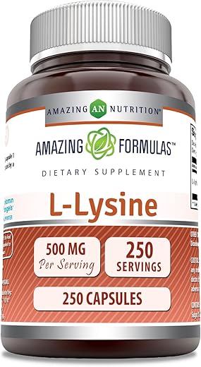 Amazing Nutrition - Suplemento de Aminoácido L-Lisina 500mg 250 Cápsulas – Amazing Formulas | Livre de Transgênicos | Sem Glúten | Fabricado nos EUA