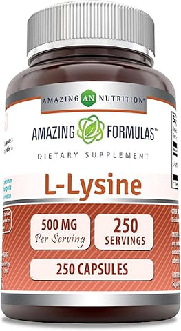 Amazing Nutrition - Suplemento de Aminoácido L-Lisina 500mg 250 Cápsulas – Amazing Formulas | Livre de Transgênicos | Sem Glúten | Fabricado nos EUA