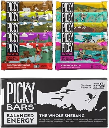 Pack com 10 Barras Energéticas de Alimentos Reais, Proteína Vegetal, 10 Sabores Diferentes, Natural, Sem Glúten, Não-OGM, Sem Laticínios, Caffeinator Suave, 10 Unidades - Picky Bars