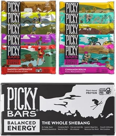 Pack com 10 Barras Energéticas de Alimentos Reais, Proteína Vegetal, 10 Sabores Diferentes, Natural, Sem Glúten, Não-OGM, Sem Laticínios, Caffeinator Suave, 10 Unidades - Picky Bars