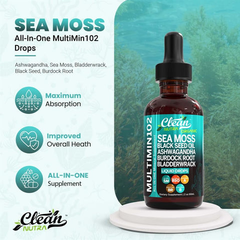 Suplemento Líquido de Musgo do Mar com Óleo de Semente Preta, Ashwagandha e Raiz de Bardana – 30ml - Clean Nutraceuticals