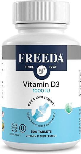 Vitamina D3-1000 UI – Suplemento Kosher de Alta Potência em Comprimidos – Saúde Óssea e Muscular, Absorção de Cálcio, Suporte Imunológico para Homens e Mulheres – 500 Unidades - FREEDA