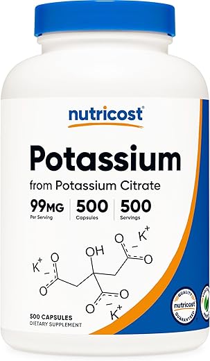 Citrato de Potássio 99mg, 500 Cápsulas – Potássio para uma vida saudável - Nutricost