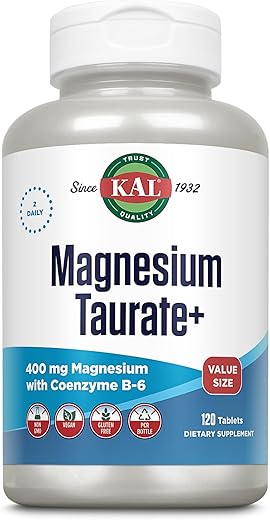 Magnésio Taurato 400mg + Vitamina B6 | Suplemento de Magnésio Quelato | Complexo de Magnésio de Alta Absorção | Suporte para Saúde Muscular e Cardíaca | Vegano | Sem Glúten | 60 Dias - KAL