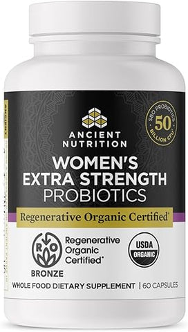 Probióticos Certificados Regenerativos Orgânicos para Mulheres, Força Extra para Mulheres, Suporte à Digestão Saudável e Função do Sistema Imunológico, 25 Bilhões de UFCs* - Ancient Nutrition