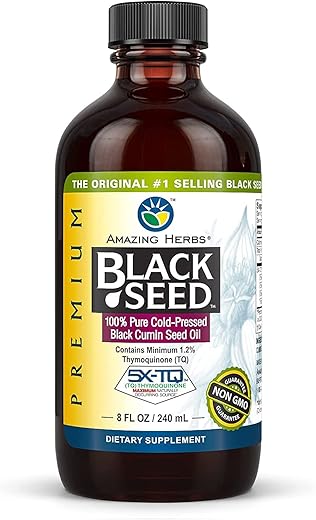 Óleo de Semente de Cominho Preto Premium Amazing Herbs – Extraído a Frio de Nigella Sativa Auxilia na Saúde Digestiva, Suporte Imunológico, Função Cerebral, Mobilidade Articular – Sem Glúten, Não Transgênico – 240 ml