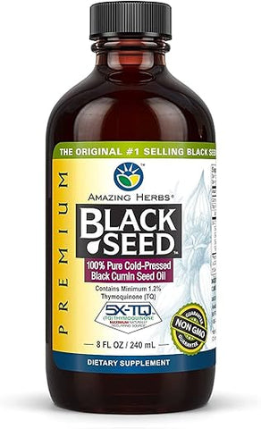 Óleo de Semente de Cominho Preto Premium Amazing Herbs – Extraído a Frio de Nigella Sativa Auxilia na Saúde Digestiva, Suporte Imunológico, Função Cerebral, Mobilidade Articular – Sem Glúten, Não Transgênico – 240 ml