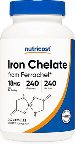 Ferrochel 18mg – 240 Cápsulas – Sem Glúten, Não Transgênico – Quelato de Ferro – Suplemento de Ferro Chelado - Nutricost