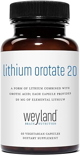 Weyland Brain Nutrition - Lithium Orotate 20mg (1 Frasco), 60 Cápsulas Vegetarianas, Suporte para Humor, Comportamento, Memória e Bem-Estar
