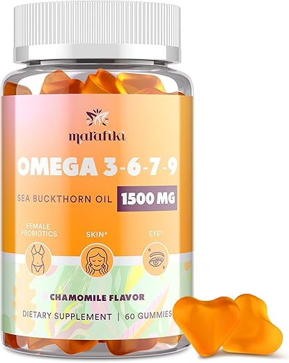 Marafiki - Omega 3 6 7 9 Gummies para Mulheres – Óleo de Espinheiro Marítimo, Linhaça, Prímula, Vitaminas E, A – 60 gomas