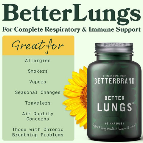 Suplemento diário para saúde respiratória Betterbrand BetterLungs | com Folha de Verbascum, Sabugueiro, Vitamina D, Ginseng e Cogumelo Reishi | Saúde Pulmonar, Alergia, Sinusite e Muco | 60 cápsulas de 500 mg