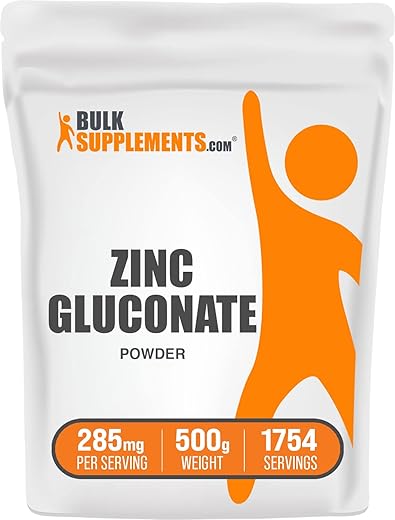 Zinc Gluconate em Pó BulkSupplements.com – 40mg de Zinco, Suplemento de Zinco para Suporte Imunológico – Livre de Glúten, 285mg por Porção, 500g (1.1 lbs) (Pacote de 1)