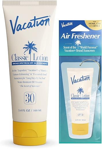 VACATION - Protetor Solar Clássico para Férias SPF 30 + Desodorizador de Ar, Resistente à Água, Amplo Espectro, Bloqueador Solar, Loção Bronzeadora Vegana, Loção Corporal com SPF, SPF 30