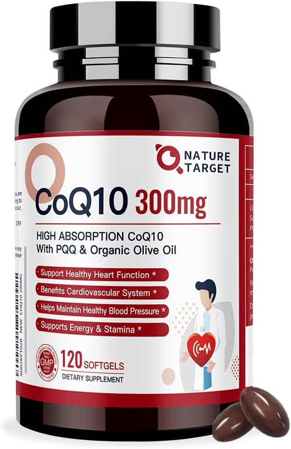 CoQ10-300mg-Softgels PQQ com Azeite Orgânico – Alta Absorção de Coenzima-Q10 – Antioxidante para Saúde do Coração e Suporte Imunológico, Produção de Energia, 120 Porções - NATURE TARGET