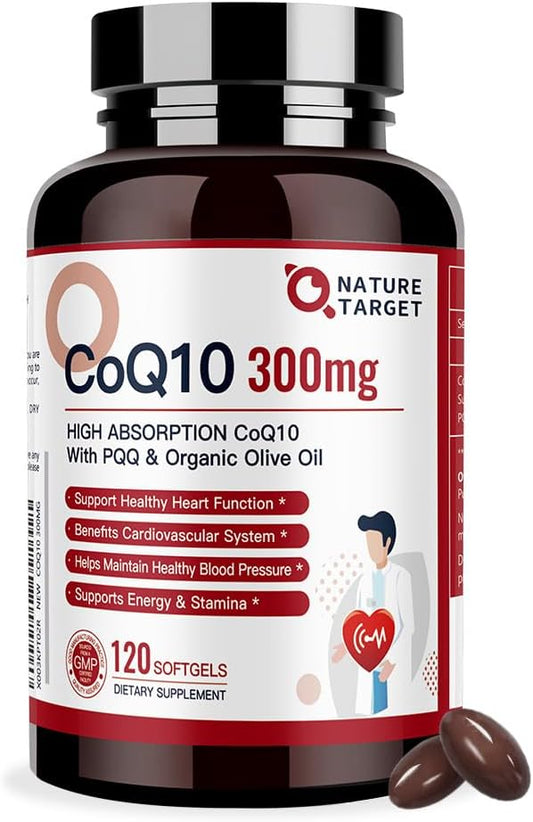 CoQ10-300mg-Softgels PQQ com Azeite Orgânico – Alta Absorção de Coenzima-Q10 – Antioxidante para Saúde do Coração e Suporte Imunológico, Produção de Energia, 120 Porções - NATURE TARGET