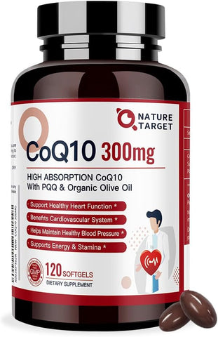 CoQ10-300mg-Softgels PQQ com Azeite Orgânico – Alta Absorção de Coenzima-Q10 – Antioxidante para Saúde do Coração e Suporte Imunológico, Produção de Energia, 120 Porções - NATURE TARGET