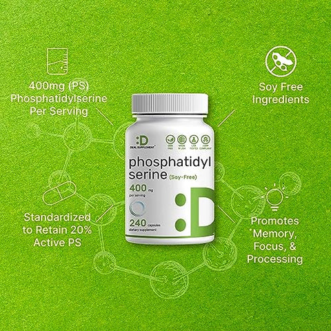 DEAL SUPPLEMENT - Suplemento de Fosfatidilserina, 400mg por Porção, 240 Cápsulas – Fonte de Lecitina de Girassol Livre de Soja