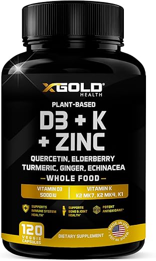 X Gold Health - Vitamina D, K2, K1, Zinco, Quercetina, Sabugueiro, Cúrcuma, Gengibre  – Fórmula Potente para Saúde