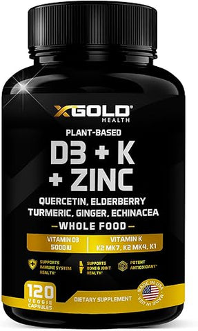 X Gold Health - Vitamina D, K2, K1, Zinco, Quercetina, Sabugueiro, Cúrcuma, Gengibre  – Fórmula Potente para Saúde