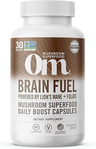 Mushroom Superfood Cápsulas de Pó de Cogumelo para o Cérebro, 90 Unidades, 30 Dias, Lion’s Mane, Reishi Blend Plus Folate, Clareza Mental, Suplemento de Cogumelo - OM