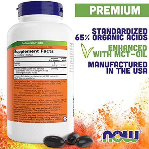NOW Foods - Now Boswellia Serrata Extract 500 mg, 200 Softgels – Resina de Goma de Árvore em Base de Óleo MCT – Herbal Supplement