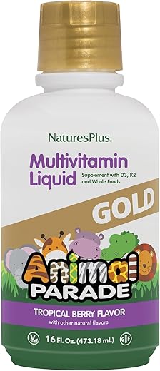 Animal Parade Gold – Multivitamínico Líquido Infantil, 473 ml – Sabor Natural de Frutas Tropicais – Suporte Imunológico – Sem Glúten, Vegano – 32 Porções - Natures Plus