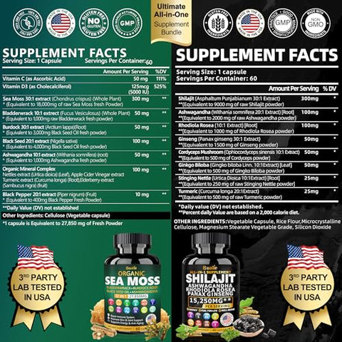 Bualle - Pacote Sea Moss e Shilajit – 60 unidades – Sea Moss 18000mg, Óleo de Semente Preta 4000mg, Ashwagandha 1000mg, Gengibre