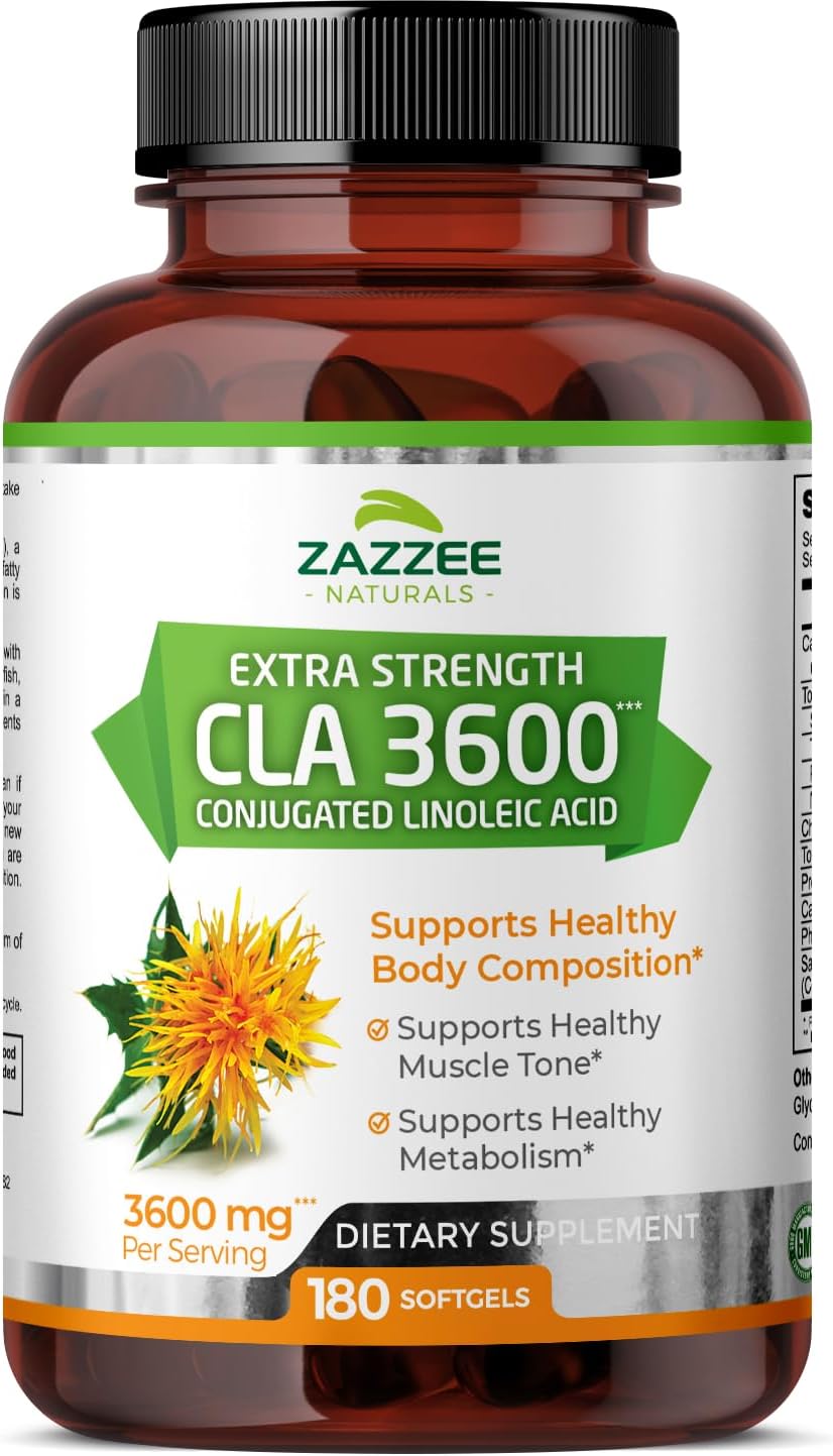 CLA 3600 – 180 Softgels, 3600 mg por Porção, Ácido Linoleico Conjugado do Óleo de Cártamo, Concentrado e Padronizado, Suprimento de 60 Dias, Não-OGM e Fabricado no Brasil - Zazzee