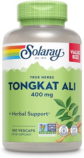 Tongkat Ali 400 mg – Longjack Tongkat Ali para Homens – Suporte Herbal para Saúde e Vitalidade Masculina – Vegano, Não-OGM, Verificado em Laboratório – 180 Porções, 180 VegCaps - SOLARAY