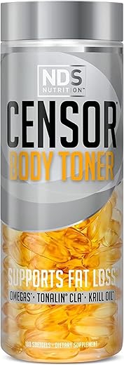 NDS - Censor – Perda de Gordura e Tonificador Corporal com CLA, Óleo de Peixe, Cártamo e Mistura Ômega 3-6-9 – Suplemento Dietético para Melhorar Energia, Metabolismo e Saúde – 180 Softgels