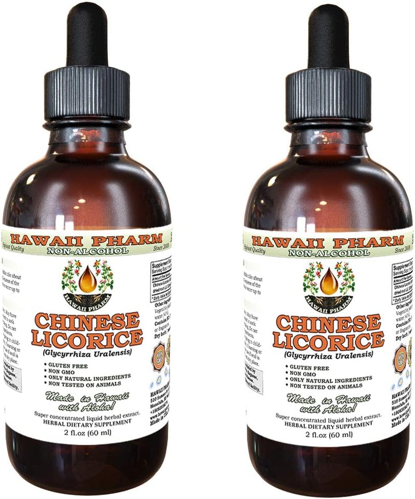 Licorice Chinesa Extrato Líquido Sem Álcool, Raiz de Licorice Chinesa (Glycyrrhiza Uralensis) Glicerito de Raiz Hawaii Pharm Suplemento Herbal Natural 2×60 ml