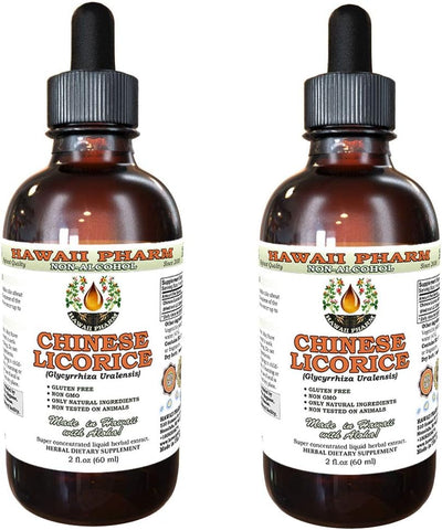 Licorice Chinesa Extrato Líquido Sem Álcool, Raiz de Licorice Chinesa (Glycyrrhiza Uralensis) Glicerito de Raiz Hawaii Pharm Suplemento Herbal Natural 2×60 ml