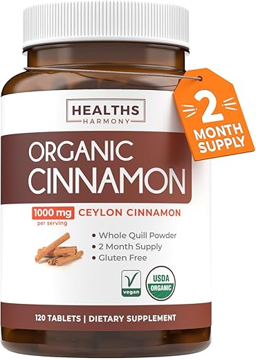 Healths Harmony - Canela Ceylon Orgânica USDA (120 comprimidos) 1000mg de Pó de Canela em Rama por Porção – Suplemento Natural para Metabolismo, Cognição, Articulações e Imunidade