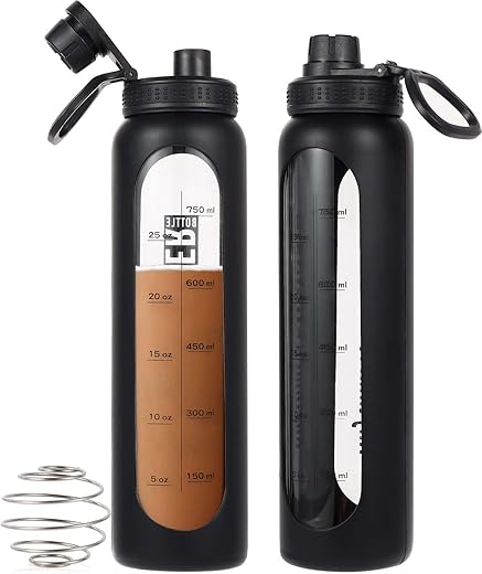 RhythmFit - Garrafa Shaker de Vidro, 1L Livre de BPA com Esfera de Aço Inoxidável 304 e Escova de Limpeza Retrátil para Misturas de Proteínas Fitness (Preto)
