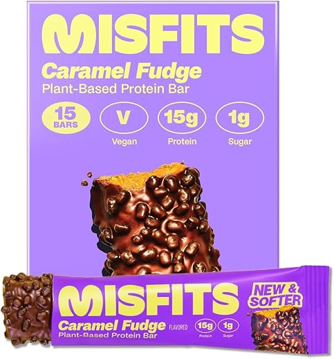 Barras de Proteína Vegana, Caramelo Fudge – Receita Atualizada | Baseada em Plantas, Baixo Teor de Açúcar | Misfits - Misfits