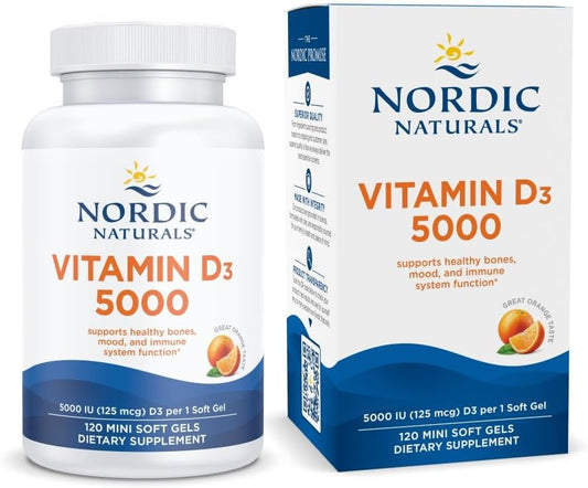Vitamina D3 5000, Laranja – 120 Mini Cápsulas – 5000 UI Vitamina D3 – Suporta ossos saudáveis, humor - Nordic Naturals