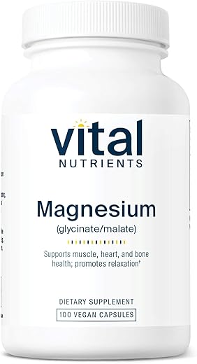 Magnésio Glicinato Malato | Suplemento Vegano de Magnésio 120mg para Mulheres e Homens | Suporte Muscular, Cardíaco e Ósseo | Promove Relaxamento | Livre de Glúten, Laticínios e Soja - Vital Nutrients