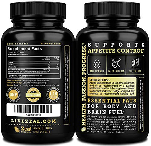Zeal Naturals - Óleo de MCT Puro em Cápsulas (360 Softgels | 3000mg) Suprimento de 4 Meses – Keto Pills com Coco Não Refinado – C10