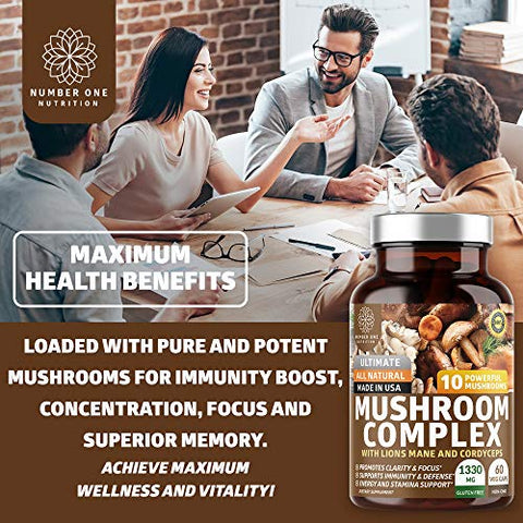 Number One Nutrition - N1N Complexo Premium de Cogumelos [10X Potentes] com Reishi, Cabeça de Leão, Cordyceps, Chaga, Cauda de Peru e Maitake para Apoiar a Saúde, Funções Cerebrais e Níveis de Energia, 60 cápsulas
