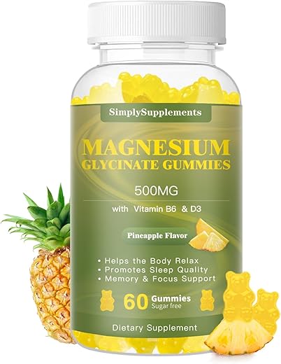 SimplySupplements - Magnesium Glycinate Gummies 500mg – Suplemento de Magnésio Mastigável com Vitamina D3, B6, CoQ10 para Relaxamento e Sono Profundo