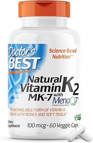 Doctor's BEST - Doctor’s Best Natural Vitamin K2 Mk-7 com MenaQ7, 100mcg – Suporte à Saúde Óssea, Não-OGM, 60 Cápsulas Vegetais
