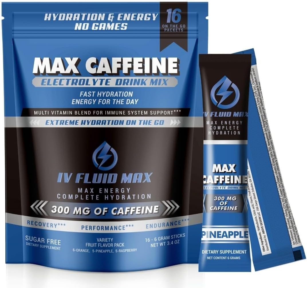 IV FLUID MAX - Hidratação Acelerada – 300 mg de Cafeína – Mistura Energética de Bebida Eletrolítica – Bebida Pré-Treino/Recuperação