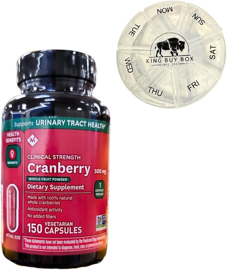 KING BUY BOX - Caixa de Comprimidos (Cor Pode Variar) Conjunto com Suplemento de Cranberry de Força Clínica, 500mg, 150 Unidades compatível com Members Mark