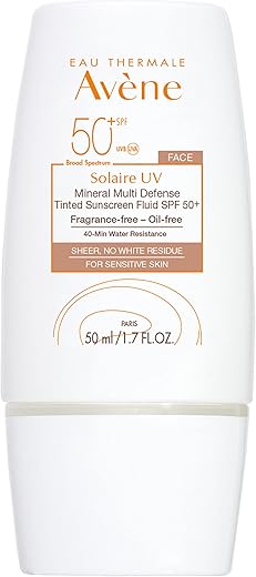 Eau Thermale Avene Solarie UV Mineral Multi-Defense Protetor Solar com Tonalizante, Fórmula Limpa para Pele Sensível, Amigo dos Recifes, Tonalidade Natural, Não Branqueador, Antioxidante – 50ml