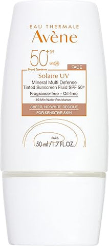 Eau Thermale Avene Solarie UV Mineral Multi-Defense Protetor Solar com Tonalizante, Fórmula Limpa para Pele Sensível, Amigo dos Recifes, Tonalidade Natural, Não Branqueador, Antioxidante – 50ml