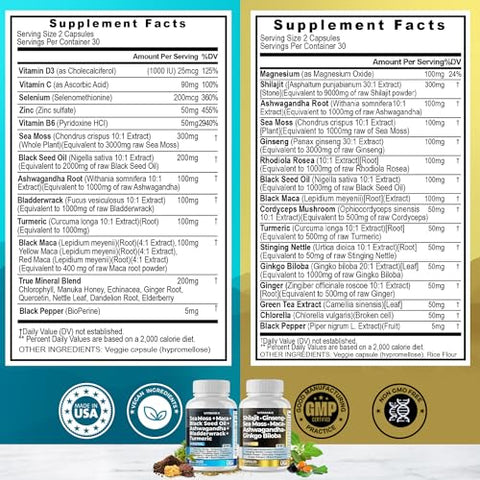 Vitamax - Suplemento Orgânico de Shilajit Puro do Himalaia 10.000mg, Musgo do Mar 2.000mg, Ashwagandha 6.000mg, Alga Marinha 1.000mg, Ginkgo Biloba 500mg – Cápsulas Orgânicas
